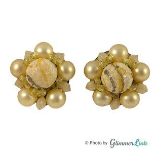 Vintage Hong Kong Pale Yellow Sugar Coat Bead Cluster Gold Tone Clip On Earrings